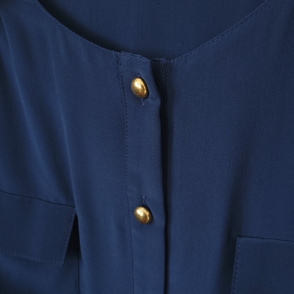 Hunter Dixon Navy Silky Blouse Gold Buttons Utility Pocket Top Size L Office‎ - Picture 5 of 11